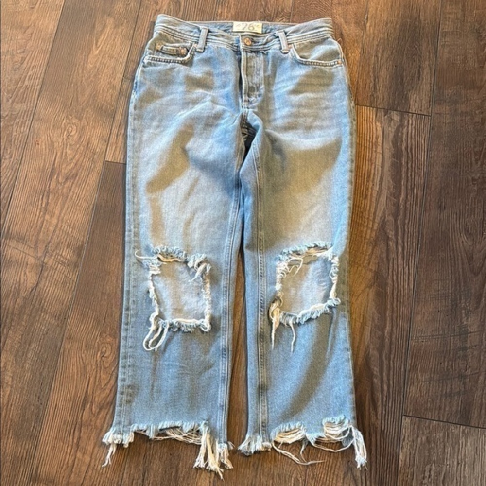 Free People We The Free Mid-Rise Straight Distressed Jeans Light Stone, Size 26